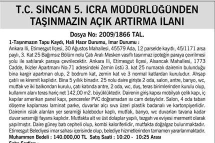 T.C SİNCAN 5.İCRA MÜDÜRLÜĞÜNDEN TAŞINMAZIN AÇIK ARTIRMA İLANI