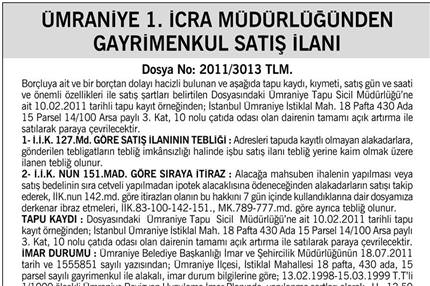 ÜMRANİYE 1.İCRA MÜDÜRLÜĞÜNDEN GAYRİMENKUL SATIŞ İLANI