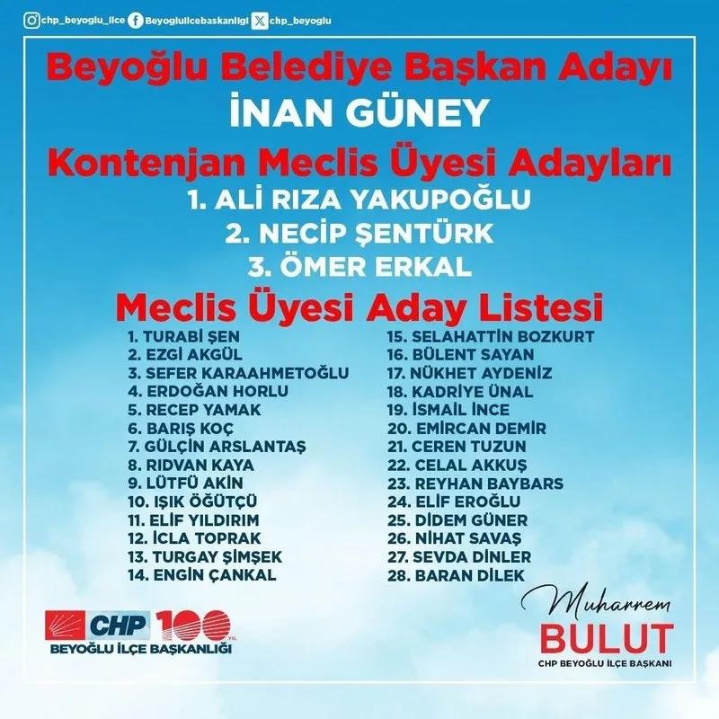 CHP'nin Beyoğlu listesi