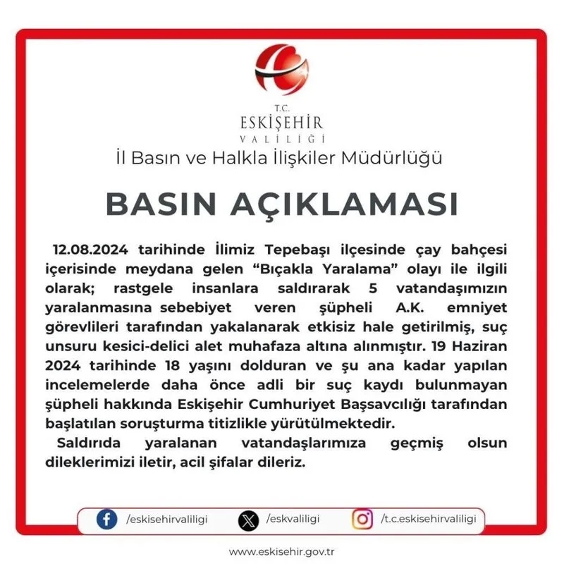 Eskişehir Valiliği'nden yapılan açıklama