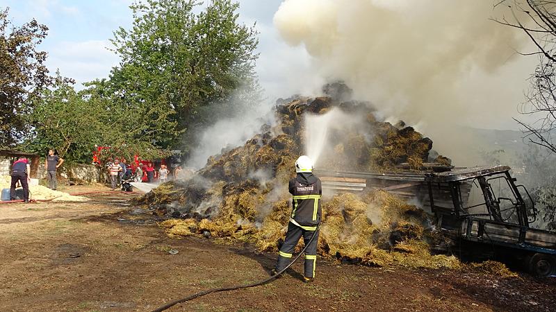 Ordu'nun Perşembe ilçesinde bir mandırada çıkan yangında 100 ton saman, kamyonet ve tarım araçları zarar gördü