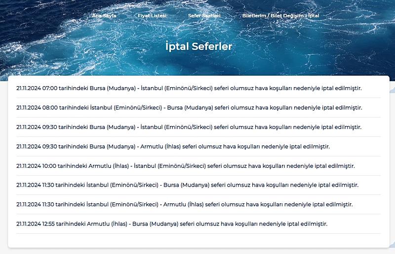 BUDO'nun iptal ettiği seferler internet sitesinden yayımlandı. (BUDO'nun hesabından ekran görüntüsü)