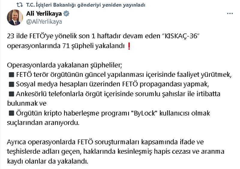  ʺKıskaç-36ʺ operasyonlarında 71 şüpheli yakalandı, Takvim