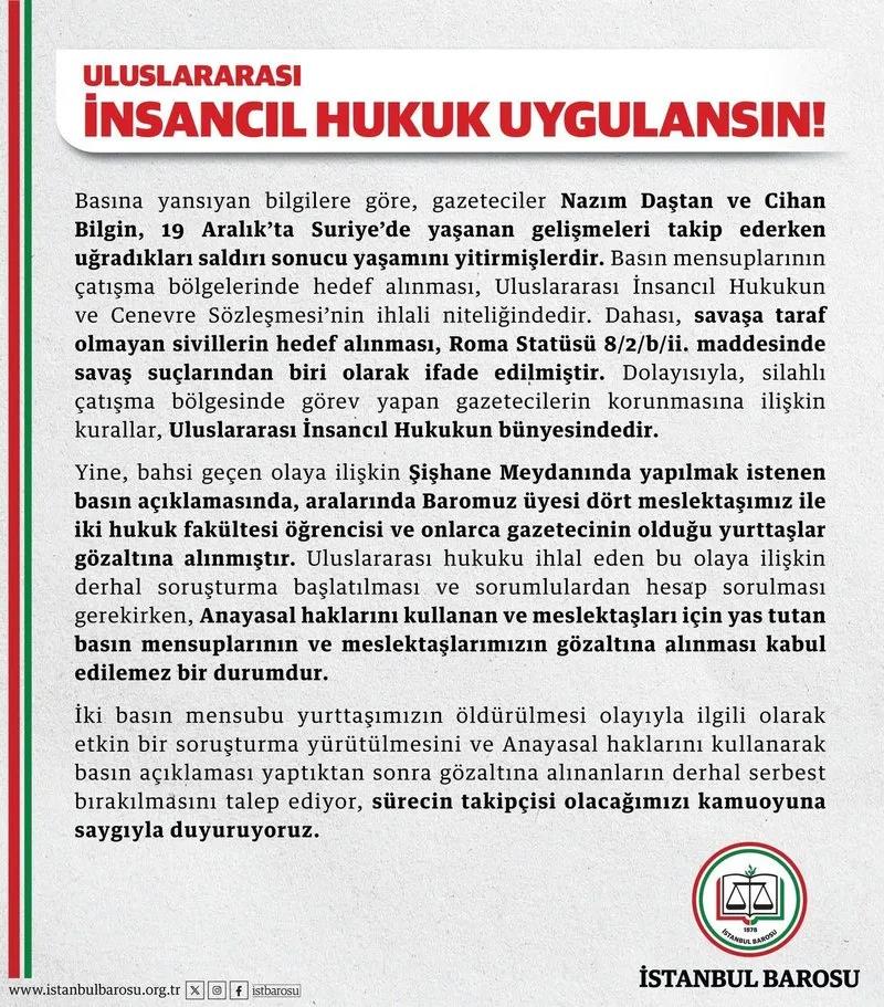 İmamoğlu'na yakın İstanbul Barosu Türkiye'yi savaş suçu işlemekle suçladı (Takvim.com.tr)