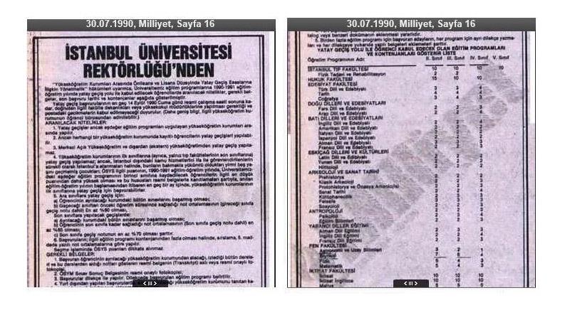 İstanbul Üniversitesi'nin 1990 tarihli ek kontenjanla öğrenci alım şartlarını gösteren ilanı (Takvim.com.tr)