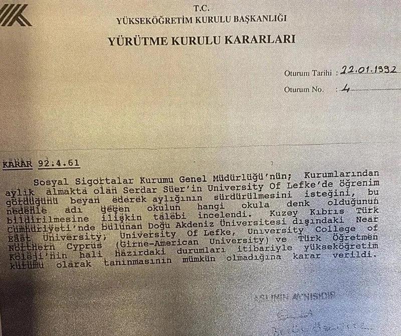 1992 tarihli YÖK kararında bahse konu KKTC üniversitesinin denklik için uygun olmadığı bildiriliyor (Takvim.com.tr)