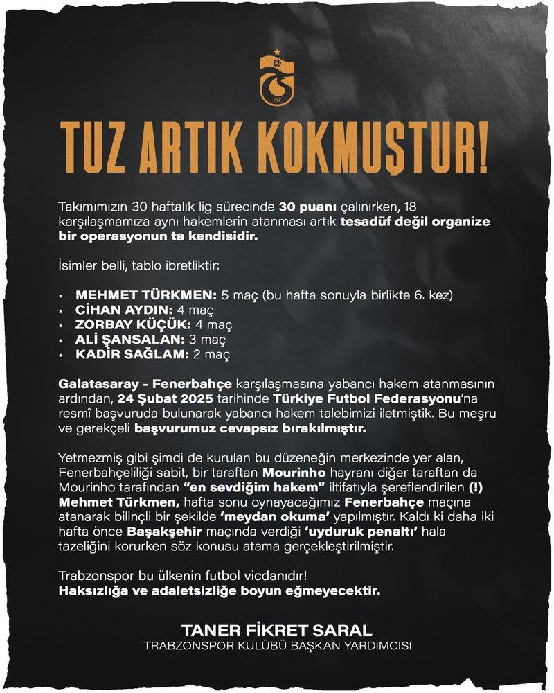 Trabzonspor'dan Fenerbahçe maçı öncesi hakem tepkisi!-1