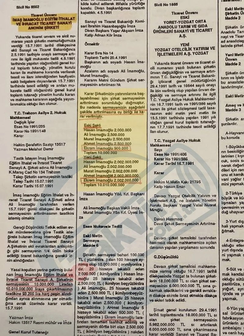 Ekrem İmamoğlu’nun İMAŞ'ta hisse sahibi olduğunu gösteren Ticaret Sicil Gazetesi nüshası (Takvim.com.tr)