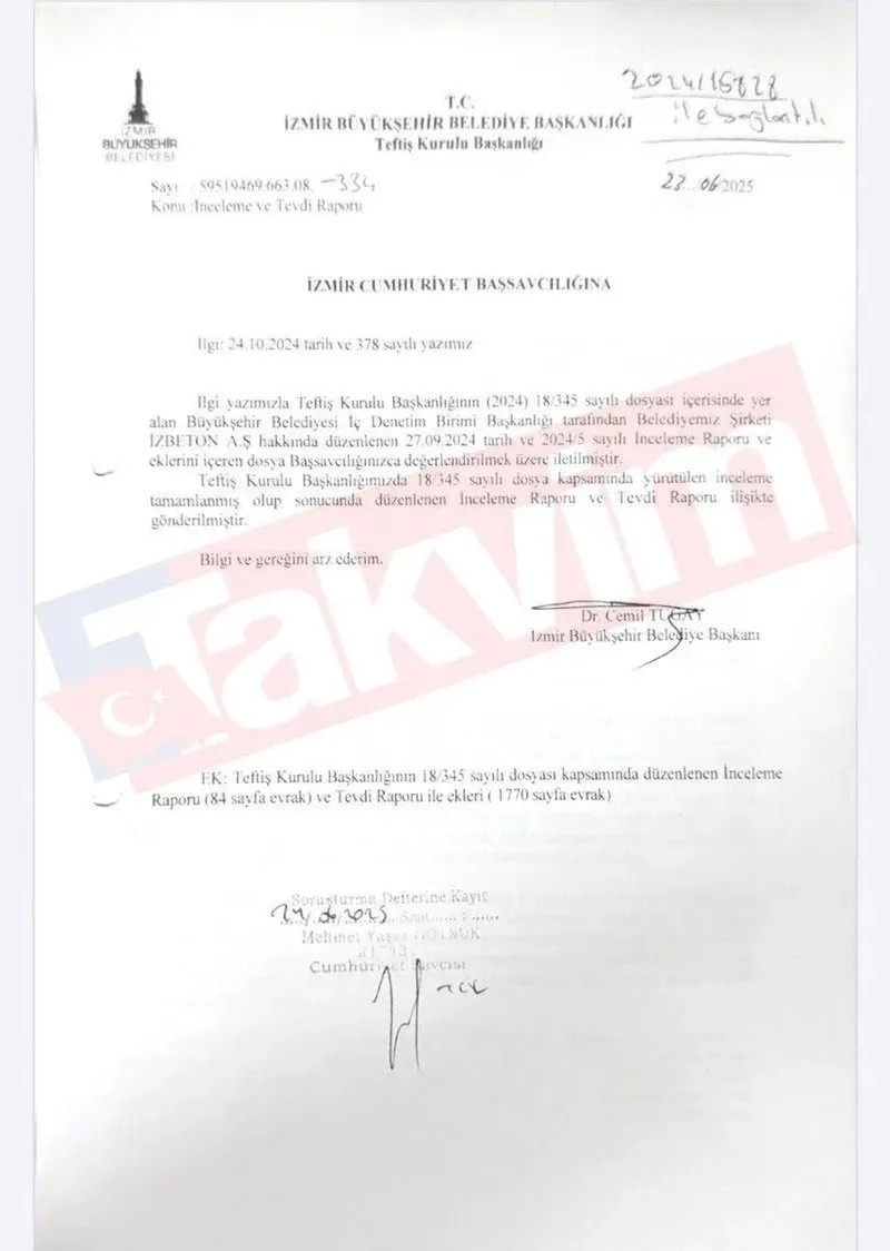 İZBETON'daki yolsuzluk ve usulsüzlüklere ilişkin başsavcılığa iletilen teftiş raporunun altında Cemil Tugay'ın imzası çıktı (Takvim.com.tr)