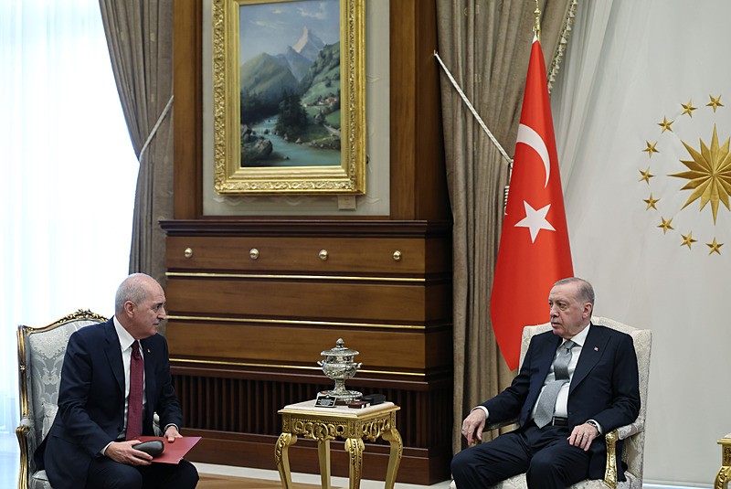 Başkan Recep Tayyip Erdoğan, Türkiye Büyük Millet Meclisi (TBMM) Başkanı Numan Kurtulmuş'u kabul etti (Fotoğraf: DHA)
