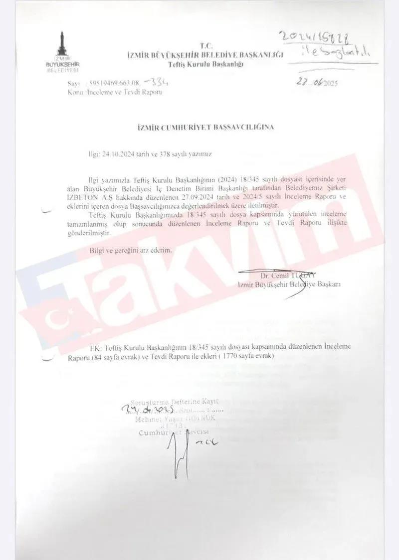 İZBETON'daki yolsuzluk ve usulsüzlüklere ilişkin başsavcılığa iletilen teftiş raporunun altında Cemil Tugay'ın imzası çıktı (Takvim.com.tr)