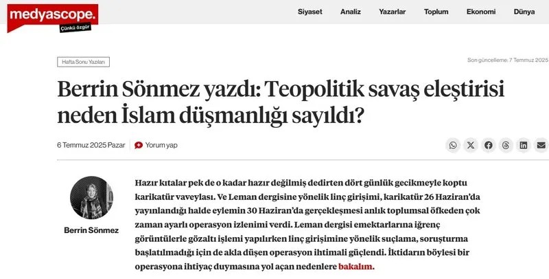 Berrin Sönmez yakın zamanda Peygamberimize hakaret eden Leman'a arka çıkmıştı