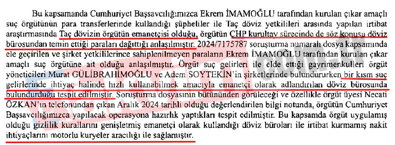 İddianameden:örgüt uygulamış olduğu gizlilik kurallarını genişletmiş, emanetçi olarak kullandığı döviz büroları ile irtibat kurmamış nakit ihtiyaçlarını motorlu kuryeler aracılığı ile sağlamıştır