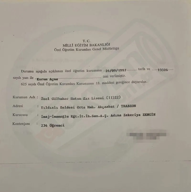 İMAŞ'ın FETÖ kolejine verilen kurum açma belgesi - 1997 (Takvim.com.tr)