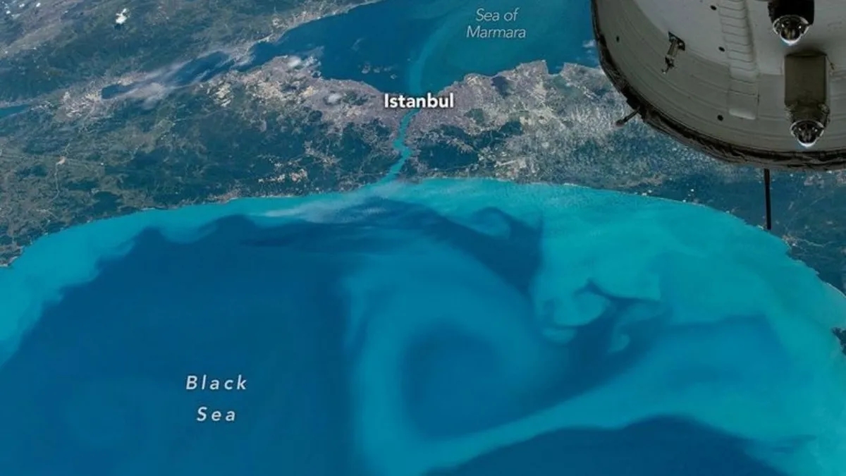 Renk değişiminin nedeni kalsiyum karbonat plakalı kokolitofor adlı tek hücreli fitoplanktonların güneş ışığını yansıtması olarak açıklandı. (Fotoğrafİ:NASA)
