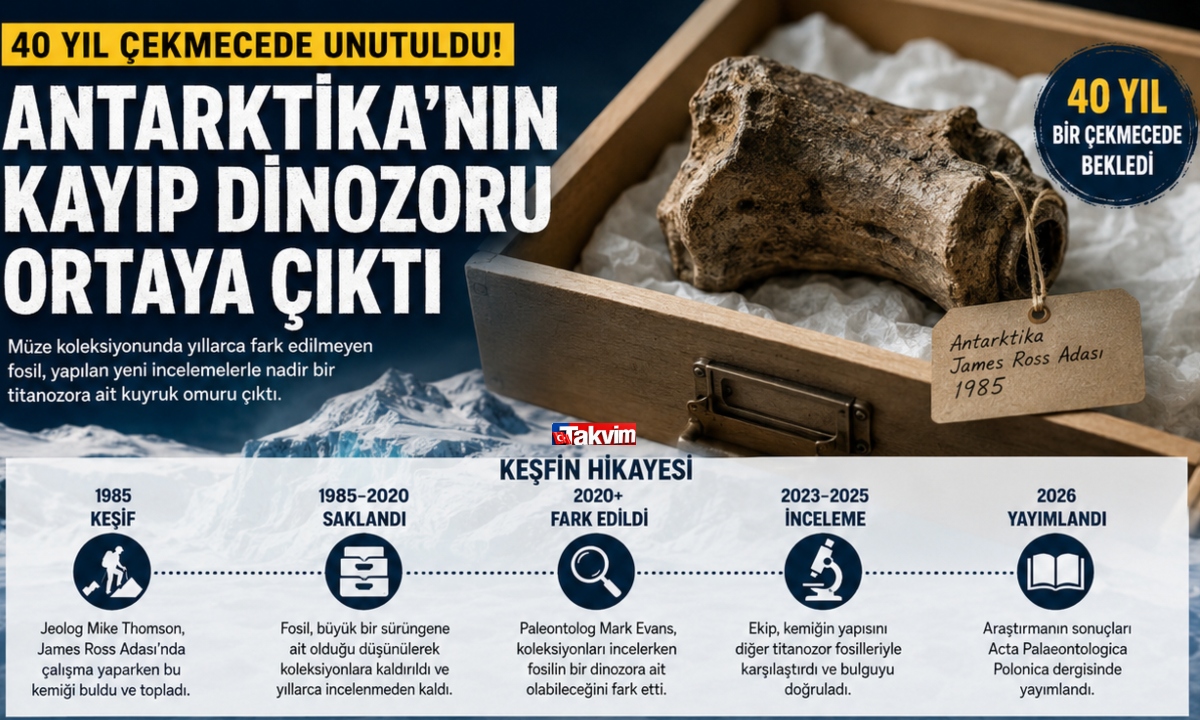 Antarktika’da 1985 yılında bulunan bir fosil, yaklaşık 40 yıl sonra yeniden incelendi ve nadir bir titanozora ait olduğu ortaya çıktı. (Fotoğraf:Takvim.com.tr)