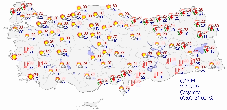 Meteoroloji'nin 8 Temmuz Çarşamba gününe ait hava durumu haritası.