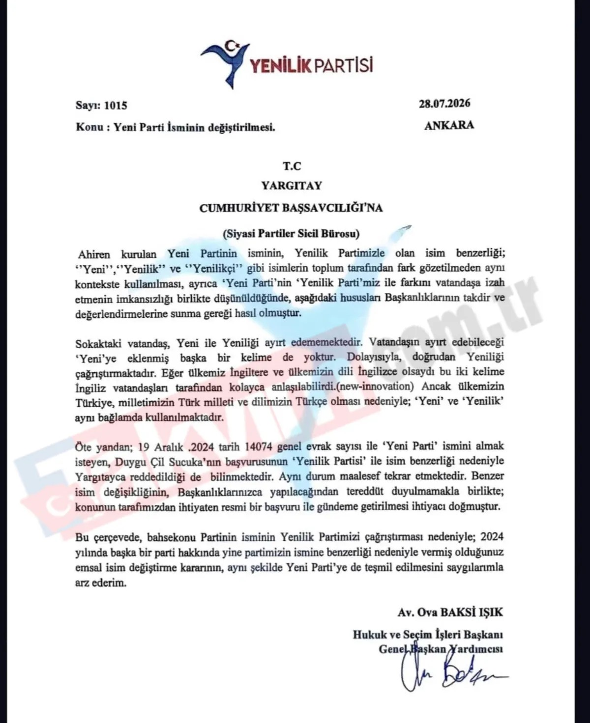 Yenilik Partisi'nin ʺYENİ Parti'nin ismi değişsinʺ talebiyle yaptığı başvuru (Haberin görselleri Takvim Foto Arşivi'nden alındı)