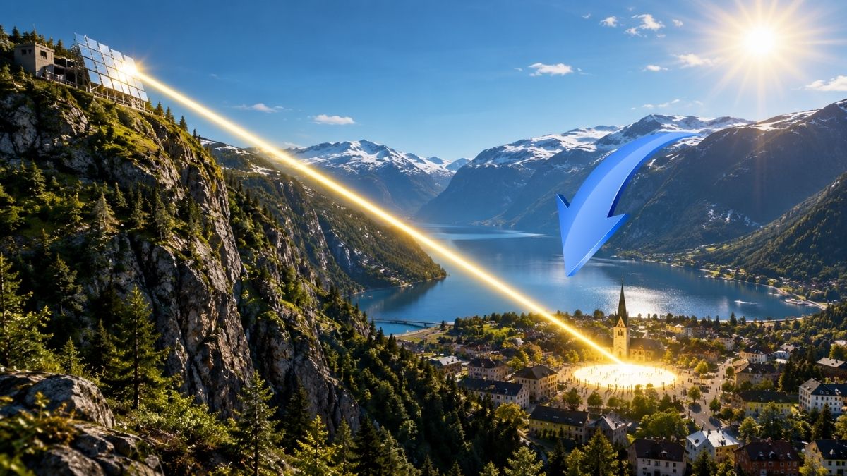 Dağın 450 metre yüksekliğine kurulan 51 metrekarelik dev aynalar, güneşi takip ederek ışığı kasaba meydanına yansıtıyor. (Foto: Yapay zeka)