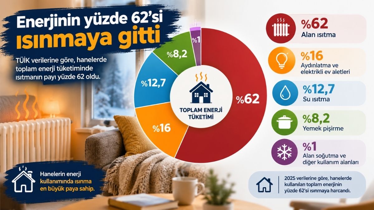 Hanelerde harcanan enerjinin çoğunluğu (%62) alan ısıtma (ısınma) amacıyla kullanıldı. (Foto: Yapay zeka)
