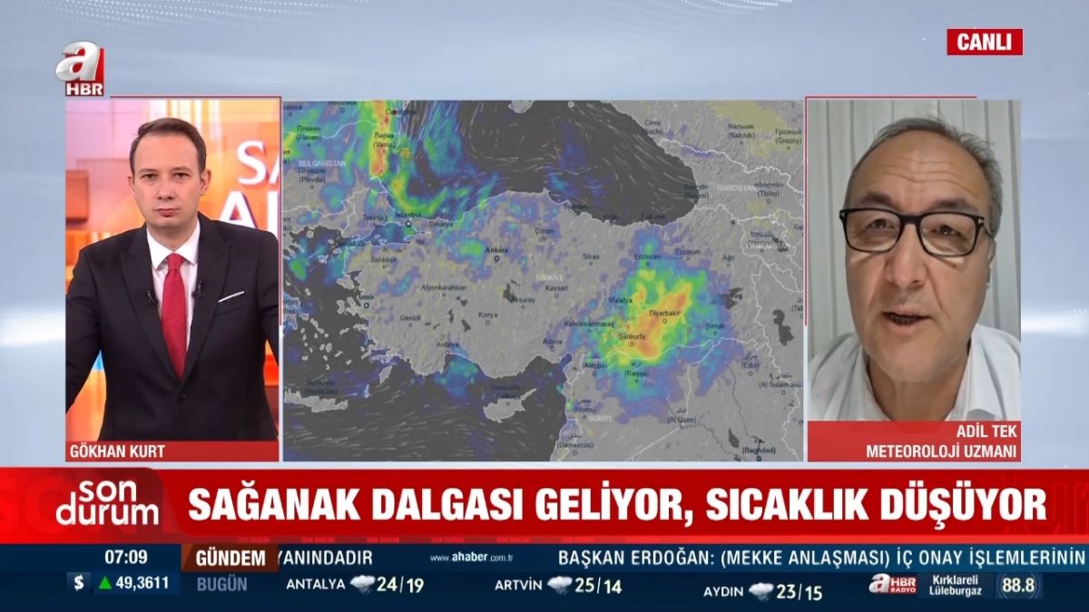 Meteoroloji Uzmanı Adil Tek, Marmara, Ege ve Batı Karadeniz'de kuvvetli yağış beklendiğini belirterek vatandaşları su baskını ve fırtına riskine karşı uyardı. (Foto: A Haber TV)