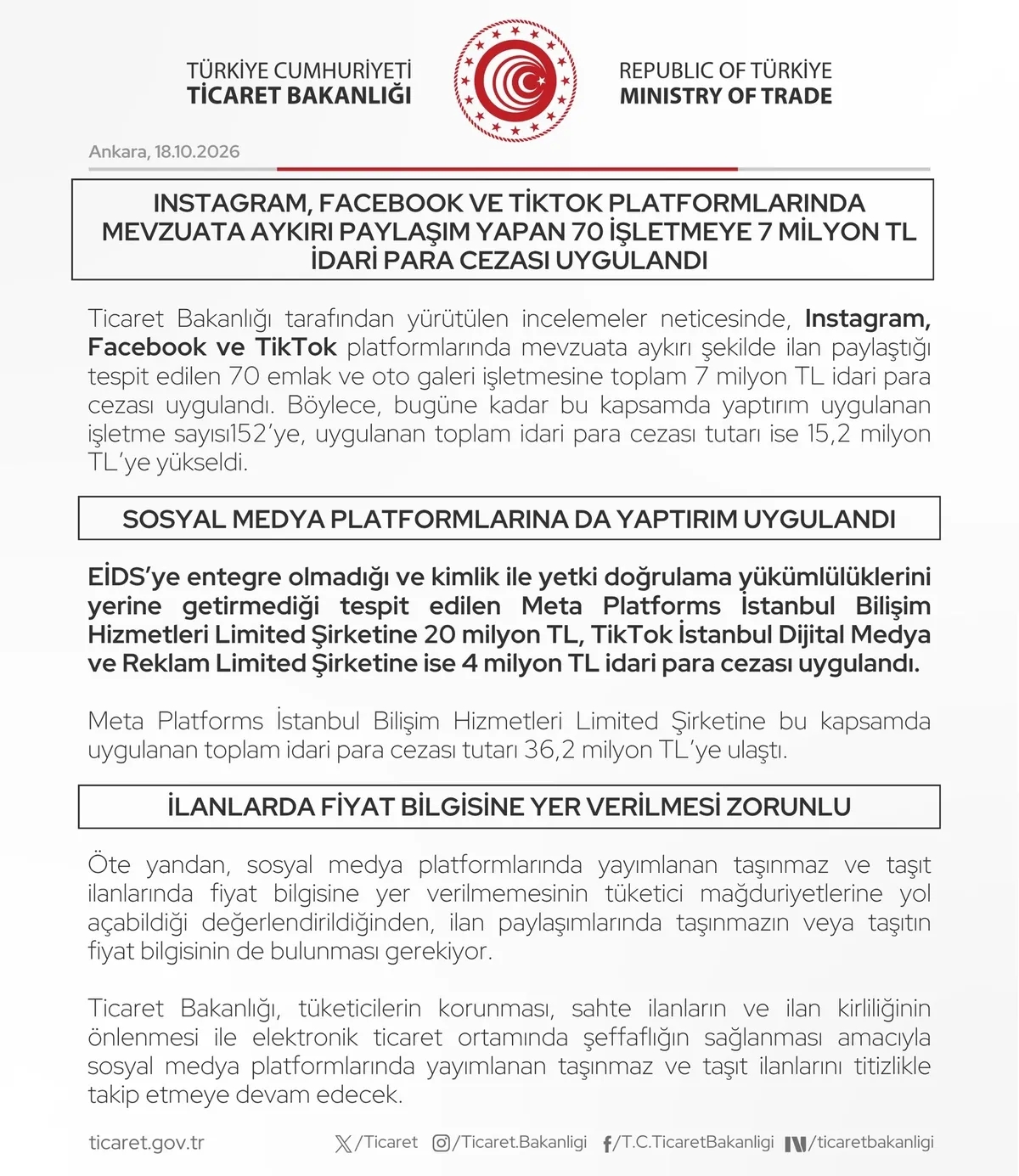 Bu kapsamda bugüne kadar Tiktok ve Meta'ya uygulanan idari para cezası 36,2 milyon liraya ulaştı. (Foto: Ticaret Bakanlığı X hesabı)